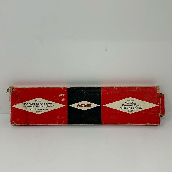 Vintage Acme Deluxe Wood Cribbage Board No X-300 2-Lane Racetrack w/box 4 Pegs - Picture 1 of 2